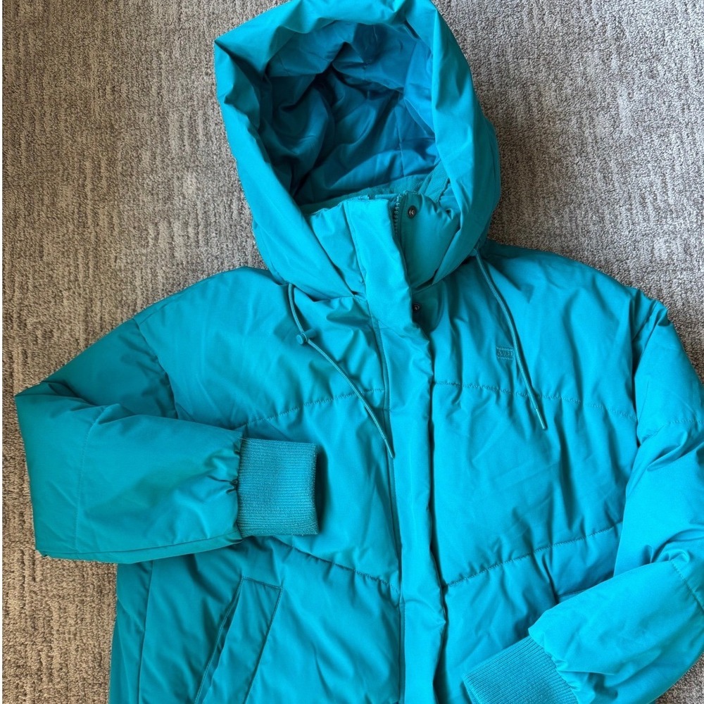 Levis Hooded Puffer Jacket Women Medium Teal Excellent Insulated Ribbed Cuff